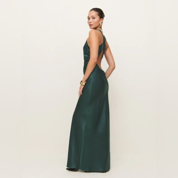 NEW Reformation Anaiis Long Silk Dress Forest Dark Green | size 0 - Picture 2 of 15